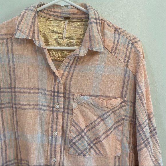 Free People Cotton Gauze Pink plaid slouchy cropped top small - Picture 3 of 6